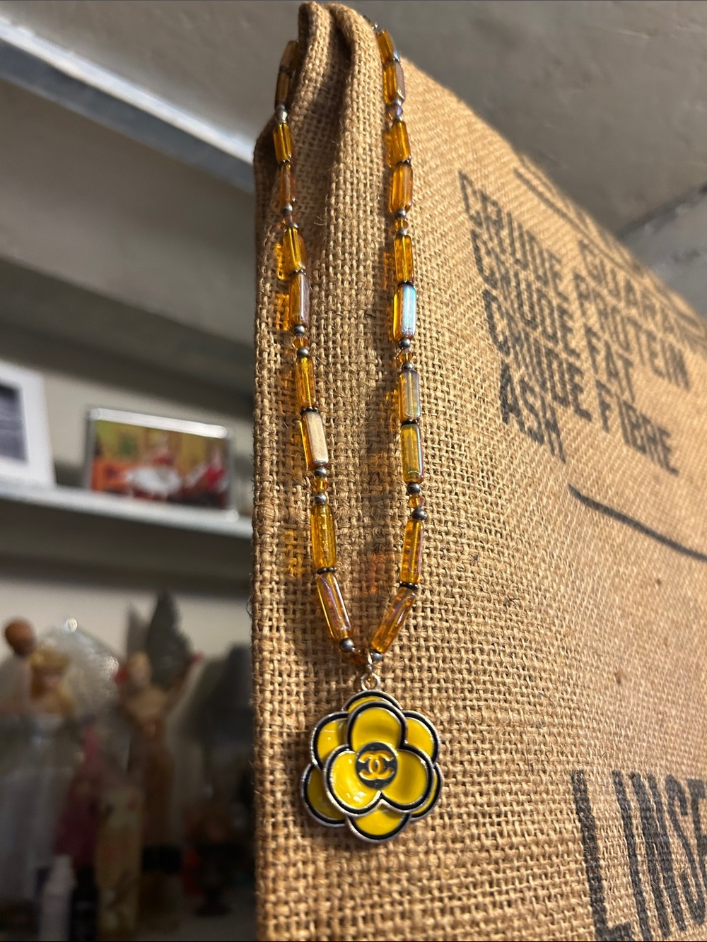 Carrie Fairy Designs Repurposed Chanel Yellow Flower Pendant on a Vintage Chain
